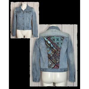 Lucky Brand Embroidered Denim Jacket Boho Festival Western, sz M